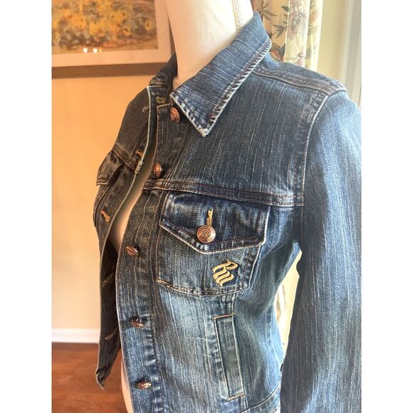 Rocawear Vintage Y2K Womens Jean Jacket Small Cropped Denim Dark Wash Beaded - Picture 3 of 16